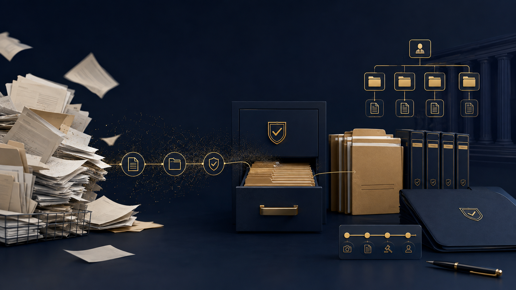 Composición conceptual de KOVAX Portal: documentos dispersos organizándose en un archivador, una jerarquía de expedientes y un archivo encuadernado, representando orden y trazabilidad.